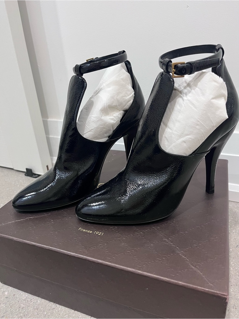 Gucci Black Patent Ankle-Strap High Heel Pumps